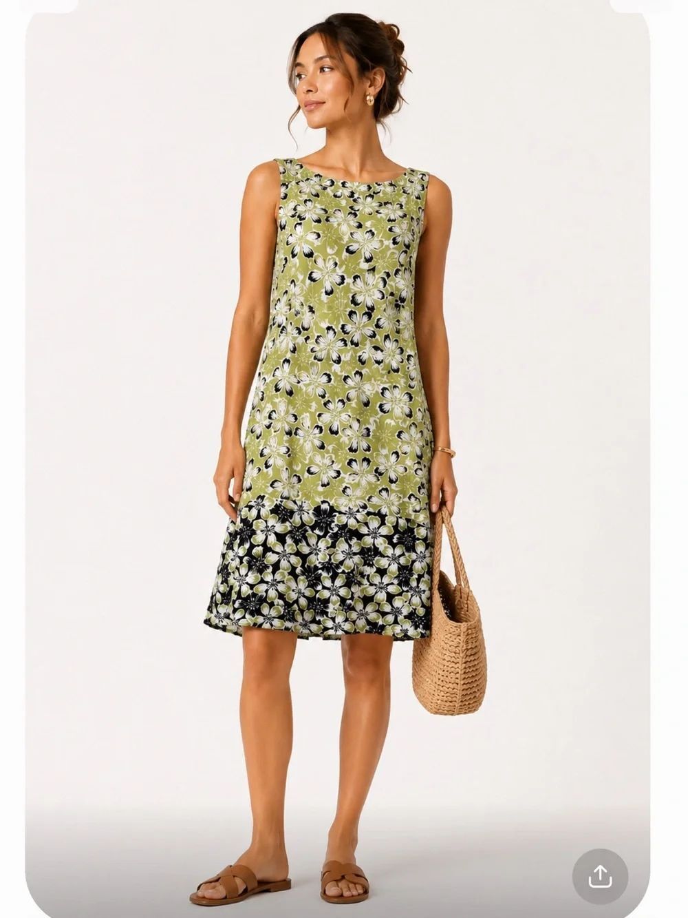 J.JILL Sleeveless Floral Shift Dress in Light Green and Black